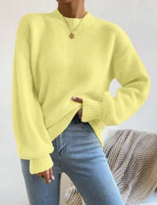 Dames effen kleur semi-hoge kraag lange mouw gebreide trui casual pullover topjes