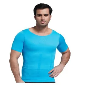 Detailed view showcasing the snug fit and elastic blue fabric of men's body shaping shirt.