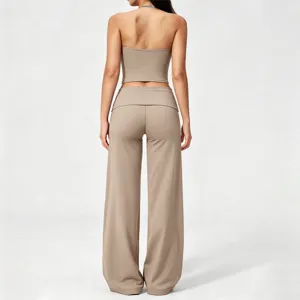 Women Halter Backless Yoga Set Fitness Activewear Moisture Wicking Top And Bottom Wide Leg Pants Sportswear
