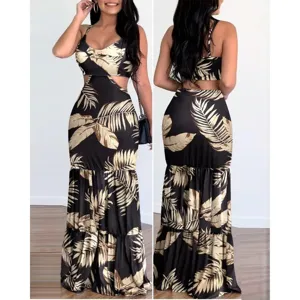 Women two-piece crop top and maxi skirt set black gold leaf print casual sexy outfit