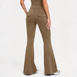 High waist cargo flare yoga pants for women, butt lifting gym trousers with back pockets.