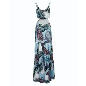 Women Tropical Leaf Print Cutout Maxi Dress V-Neck Spaghetti Strap Long Summer Dress