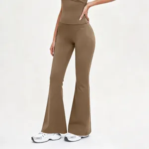 Close-up detail of women's high waist flare yoga pants, featuring fitted silhouette and stretch.