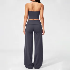 Women grey halter yoga set backless top high waist wide leg pants activewear detail