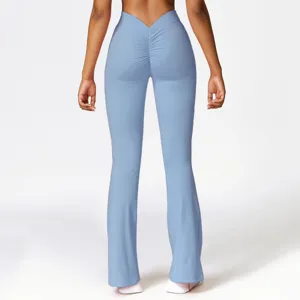 Back view detail of women high waist V flare yoga pants, peach butt ruched fitness activewear.