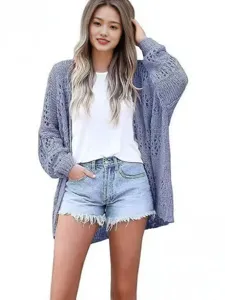 Stylish women's open front knit cardigan with hollow out design, casual long sleeve sweater.
