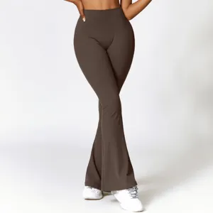 High-waist v-waist cut and flared hem design details of the brown stretch yoga fitness pants.