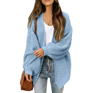 Damen grobstrick cardigan laternenärmel offene vorderseite lässige winter jacke pullover