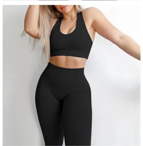 Seamless black sports bra and high waist leggings set for women fitness running yoga workout.