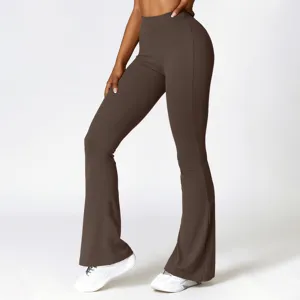 High-waisted flare yoga pants detail, dark brown athletic leggings, stretchy workout wear.