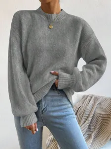 Grijze opstaande kraag lange mouw trui voor dames, casual gebreide pullover hoofdaanzicht.