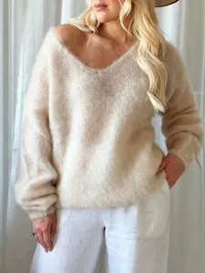 Dames Casual Effen Kleur V-Hals Lange Mouw Trui Losse Stiige Zachte Gebreide Top Basis Kleding