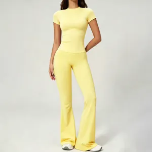 Women buttery soft yoga set short sleeve top high waist flared pants activewear