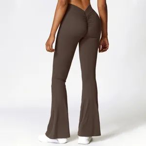 High waist V crossover flare yoga pants for women, dark brown peach lift fitness activewear trousers