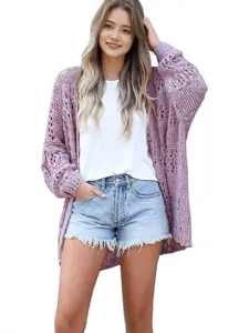 Women long sleeve open front knit cardigan hollow out sweater casual outerwear tops.