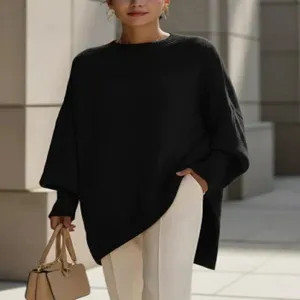 Maglione lavorato a maglia nero casual da donna, scollo rotondo, vestibilità ampia.