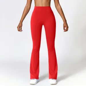 High waist red yoga flare pants for women, stretchy fitness workout pants with bootcut.