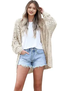 Women hollow out knit cardigan long sleeve sweater casual loose outerwear top fashion apparel