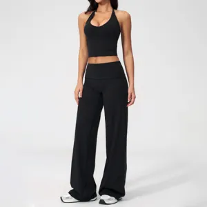 Black halter crop top and wide leg yoga pants set, perfect for fitness, gym workout and daily wear.