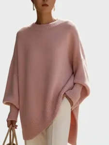 Maglione lavorato a maglia oversize rosa da donna, top pullover casual a maniche lunghe.