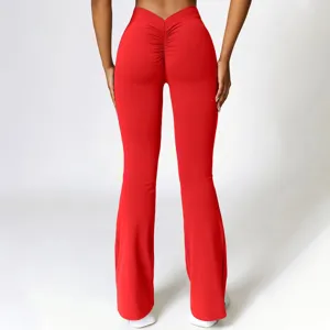 High waist V-waist scrunch butt flare yoga pants, red quick-drying fitness leggings for women.
