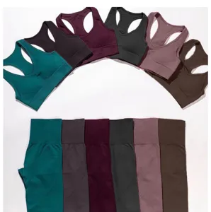 Seamless yoga set women ribbed sports bra and high waist fitness leggings activewear gym suit