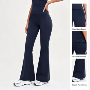 Women's high waist flare yoga pants with side pockets in navy blue for workout and fitness.
