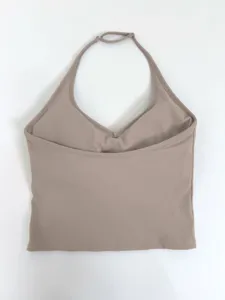 Solid taupe halter yoga top for women, sexy open back design, perfect for fitness and running.