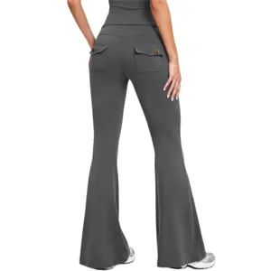 Women high waist flare yoga pants with button cargo pockets athletic workout pants main view