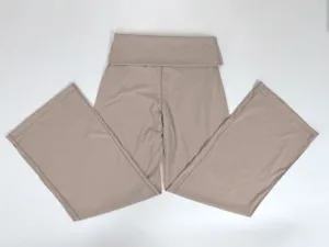 Detail view of fold-over waist flare yoga pants in khaki, soft and stretchy fabric.