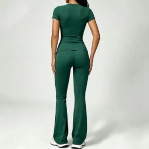 Women's green athletic yoga set short sleeve top high waist flare pants fitness outfit