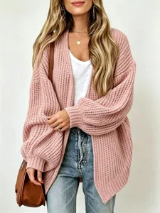 Damen Casual V-Ausschnitt Langer Laternenärmel Grobstrick Cardigan Einfarbig Lose Tasche Pullover Oberbekleidung