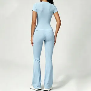 Back view of light blue soft yoga flared pants set, showing slim fit and high waist details.