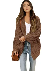 Damen Grobstrick Cardigan Laternenarm Offene Vorderseite Herbst Winter Pullover Mantel