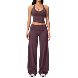 Women halter crop top and wide leg yoga pants set activewear sportswear casual outfit