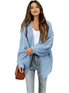 Damen Laternenärmel grob gestrickte Strickjacke offene Vorderseite lässiger Pullover hellblau.