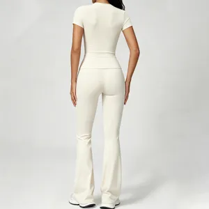 Women slim short sleeve yoga top high waist flare pants brushed activewear gym outfit set.