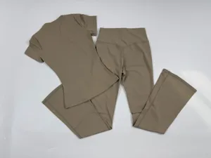 Women's brushed yoga set, slim short sleeve top and high waist flared pants for gym activewear.