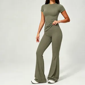 Women's Athletic Yoga Set Short Sleeve Top And High Waist Flared Pants Gym Activewear Workout Fitness Tracksuit