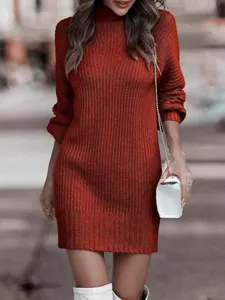 Red turtleneck sweater dress for women, long sleeve ribbed knit mini dress winter.