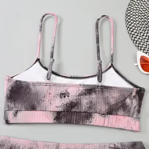 Haut de bikini côtelé tie and dye rose gris col u bretelles réglables pour femmes.