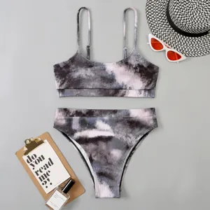 Ensemble de bikini côtelé tie-dye sexy femme taille haute col U maillot de bain