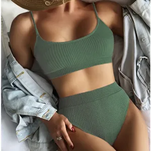 Femme bikini côtelé vert ensemble taille haute deux pièces maillot de bain u cou sexy été