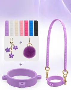 Silikon Becherhuelle Gurt Set fuer Wasserflasche DIY Zubehoer universeller lila Trageriemen.
