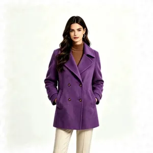 Purple wool blend coat detail featuring classic lapel collar and double breasted buttons.