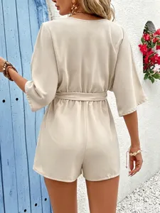 Elegant solid color V-neck short jumpsuit for women summer casual fashion chic romper.
