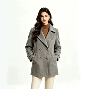 Grey double-breasted woolen coat detail, lapel collar and buttons, elegant winter fashion.