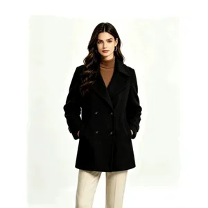 Close-up detail of the classic black double-breasted wool coat with lapel and buttons.