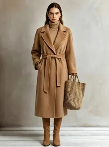 women long camel wool blend trench coat elegant casual winter outerwear with matching belt