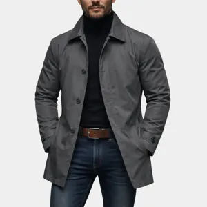 Herren Freizeit grauer Trenchcoat Jacke Langarm Knöpfe Oberbekleidung stilvolle Mode